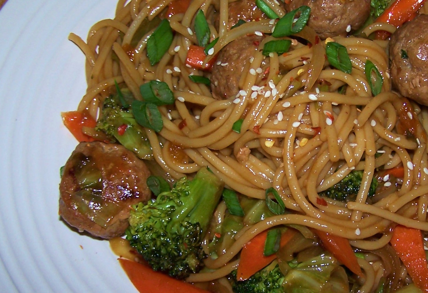 Asian spaghetti and meatballs