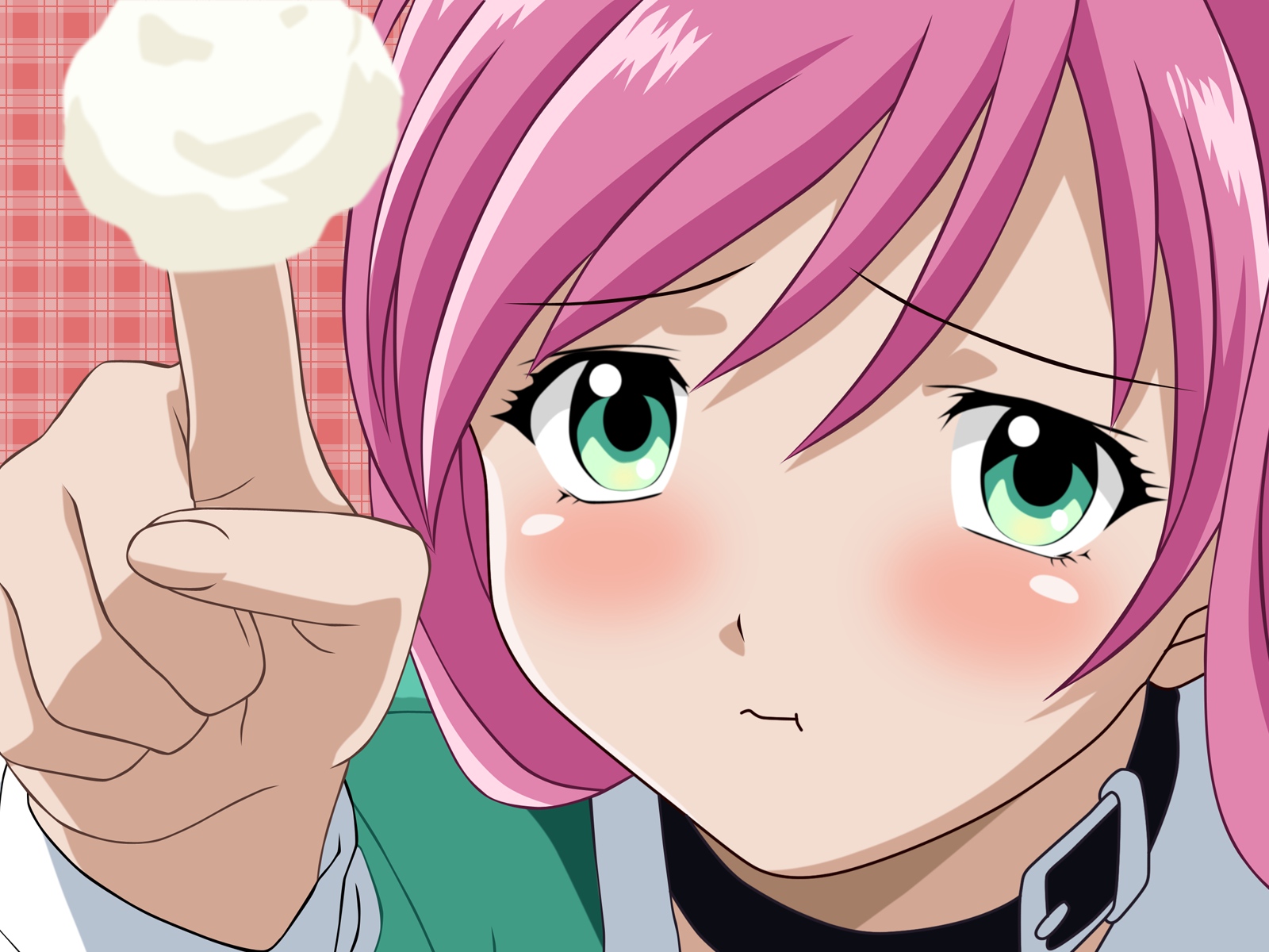 Anime girl pink hair green eyes